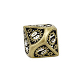 Bronze metal dice with gear design on a white background