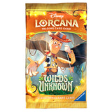 Disney Lorcana trading card game pack featuring a character in a cowboy outfit with 'Wilds Unknown' text.