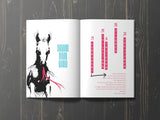 Open book with a horse illustration and text on a wooden surface