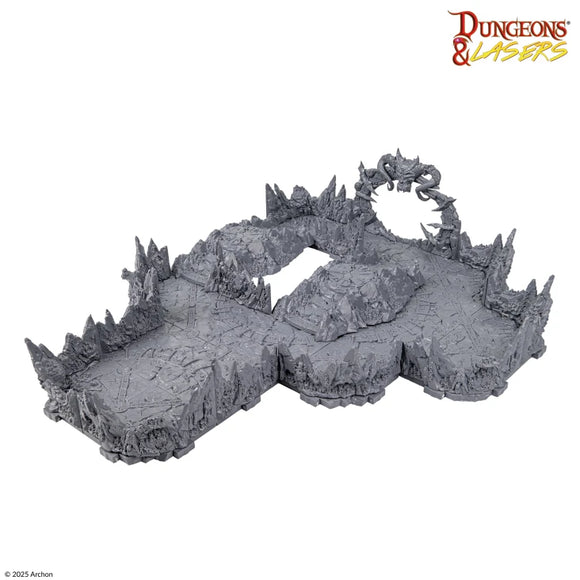 Plastic terrain model with 'Dungeons & Lasers' logo on a white background