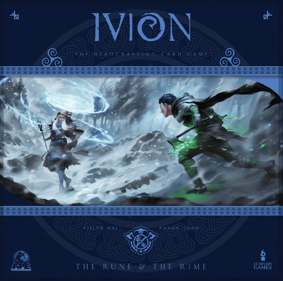 Cover of 'Ivion' card game featuring two characters in a snowy landscape with game title and branding.