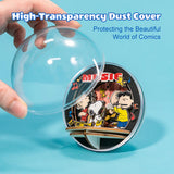 Hand holding a transparent dust cover over a comic-themed product on a blue background