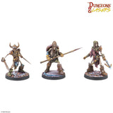 Three miniature figurines with weapons on round bases, featuring 'Dungeons & Lasers' logo.