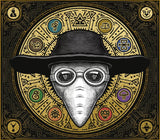 Illustration of a mask with goggles and a hat against a decorative circular background