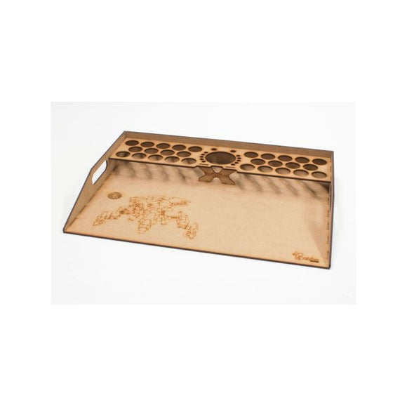 Wooden paint tray with circular cutouts on a white background