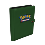 Green Pokémon trading card game binder with logo on a white background