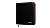 Black leather-bound notebook with gold accent on a white background