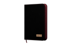 Black and red notebook with a brand logo on a white background