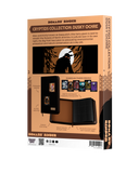 Packaging of a product with a brown background and black text, featuring illustrations and branding.