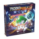 RoboRally Dice game box with colorful robots and game pieces on a blue background