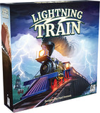Board game box for 'Lightning Train' with a train and lightning design on the cover.