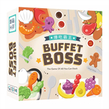 Box of 'Buffet Boss' board game with colorful food illustrations on a beige background