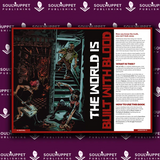 Comic book cover with text 'The World is Built with Blood' on a purple background with Soulmuppet Publishing logo.