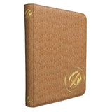 Brown textured book with gold emblem on a white background