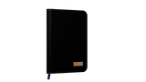 Black card binder with a gold accent on a white background