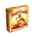 Board game box titled 'Purrrramid' with cartoon cats on a white background