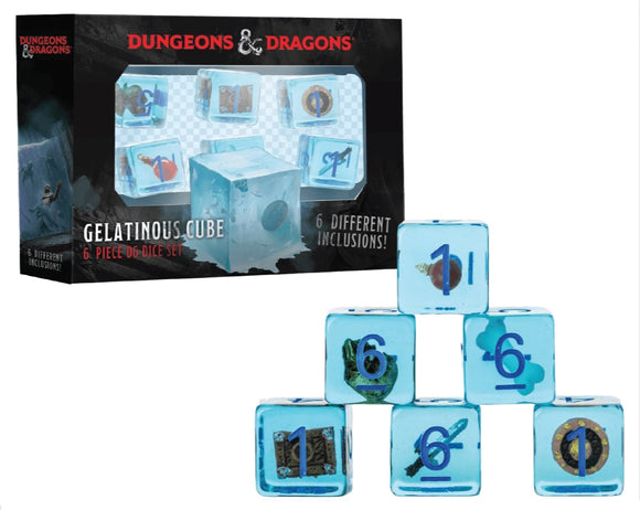 Set of Dungeons & Dragons gelatinous cube dice with packaging on a white background