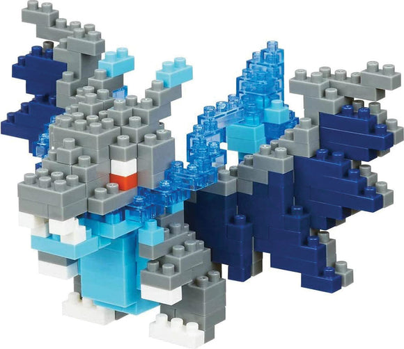 Toy figure made of interlocking bricks in blue, gray, and white on a white background