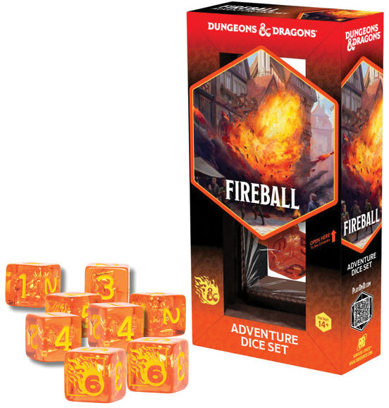 Dungeons & Dragons Fireball dice set with box on a white background