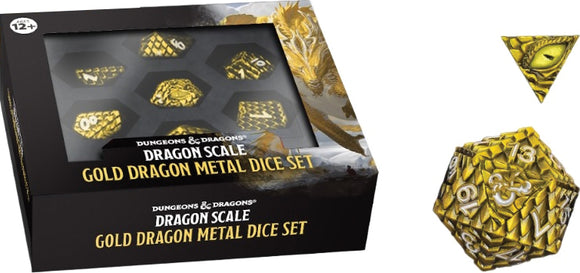 Gold dragon metal dice set with packaging and a single die displayed.