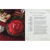 Red dessert on a wooden plate with text on the right side on a white background