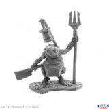 Gray miniature figurine of a creature with a weapon and trident on a white background