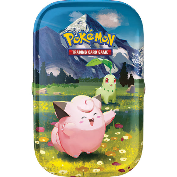 Pokémon trading card game packaging with a pink character and mountain background