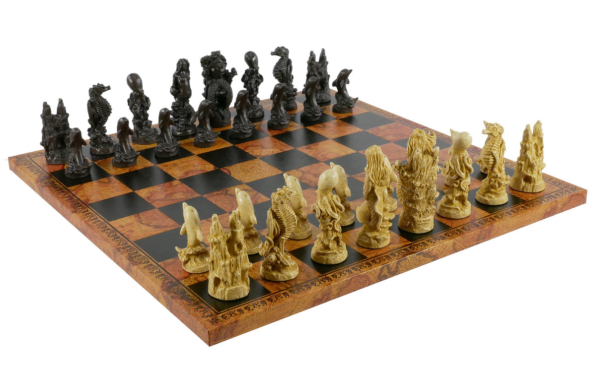 Chess Set - Sea Life Resin Chess Pieces on Faux Leather Old World Map ...