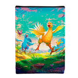 Colorful illustration of a chocobo in a fantasy landscape on a product packaging.