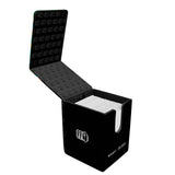 Black card storage box with a white card inside, featuring a logo on a white background