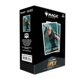 Box of Magic: The Gathering card sleeves with character artwork on a white background