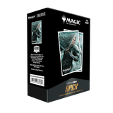 Box of Magic: The Gathering card sleeves with character artwork on a white background