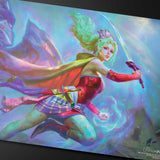Colorful fantasy illustration of a character with a sword and cape on a vibrant background