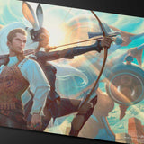 Illustration of a character with archery equipment against a scenic background