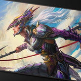 Colorful warrior illustration on a screen with a fantasy background