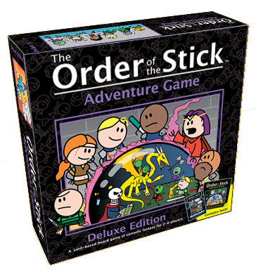 Box of 'The Order of the Stick Adventure Game Deluxe Edition' with cartoon characters on a black background.