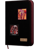 Black binder with superhero-themed designs on a white background
