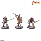 Three fantasy miniatures with weapons on a white background, featuring the 'Dungeons & Lasers' logo.