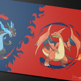 Two dragon-like creatures on a red and blue background, featuring a fiery design.