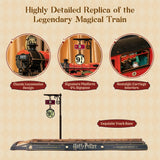 A highly detailed replica model of the Harry Potter Hogwarts Magical Train at Dogman Station, shown with three circular feature callouts highlighting its classic locomotive design, signature platform signpost, and nostalgic carriage interiors on a beige patterned background.