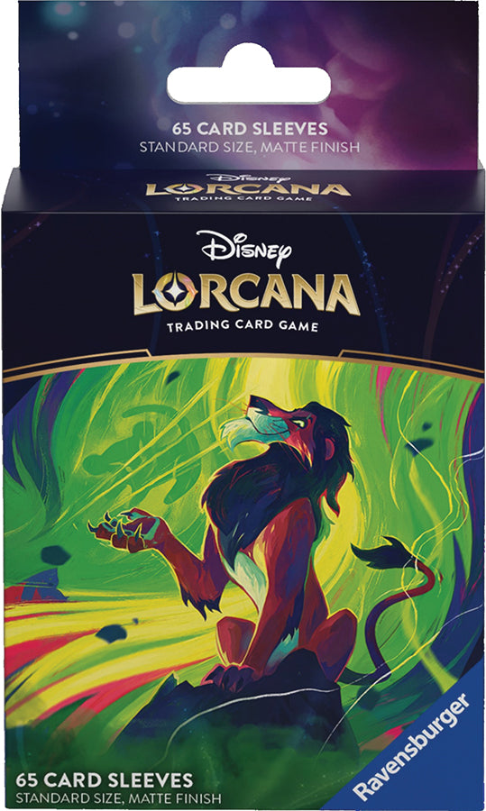 Disney Lorcana trading card game card sleeves packaging with a character from The Lion King on a dark blue background.