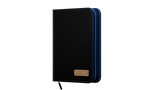 Black and blue card binder with a brand logo on a white background