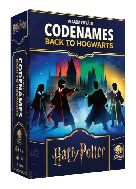 Codenames Back to Hogwarts board game box with silhouettes of characters and Harry Potter logo.