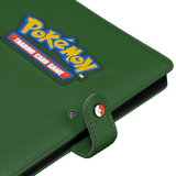Green Pokémon trading card game holder with logo on a white background