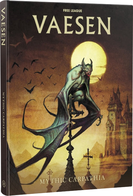 Book cover of 'VAESEN' with a vampire and castle illustration on a dark background