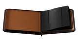 Card binder with brown and black sections on a white background