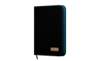 Black and teal card binder with a brand logo on a white background