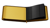 Card binder with gold exterior and black interior on a white background