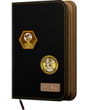 Black card binder with gold accents and logos on a white background