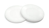 Two white circular objects on a white background